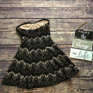 Blue Fray: Black Lace, Nude Mini Dress